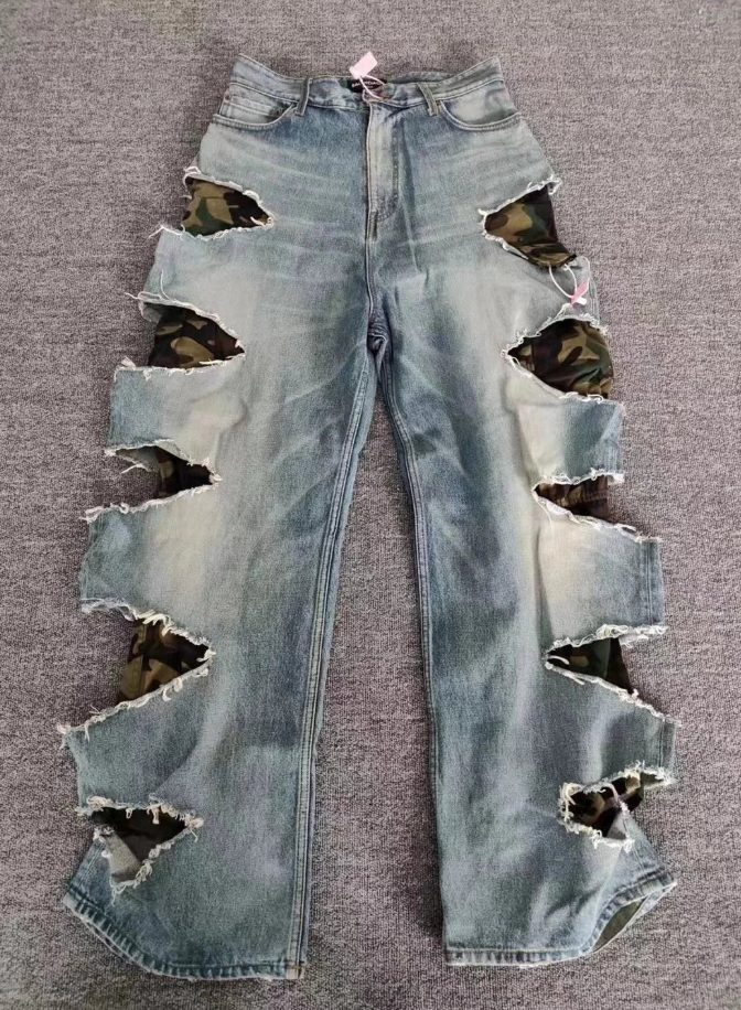 Balenciaga 22SS Ripped Camo Double-Layer Jeans