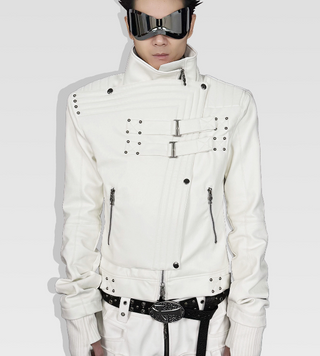 Atanothingness Structure Silver Moon Knight White Leather Jacket