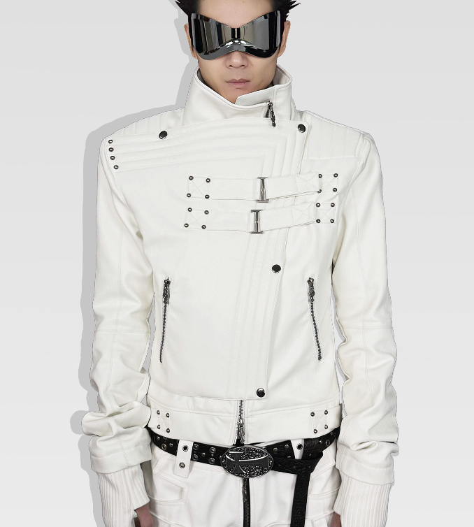 Atanothingness Structure Silver Moon Knight White Leather Jacket