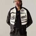 Aim¨¦ Leon Dore brand black and white leather coffee racing jacket