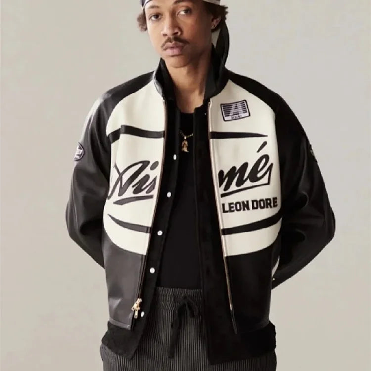 Aim¨¦ Leon Dore brand black and white leather coffee racing jacket