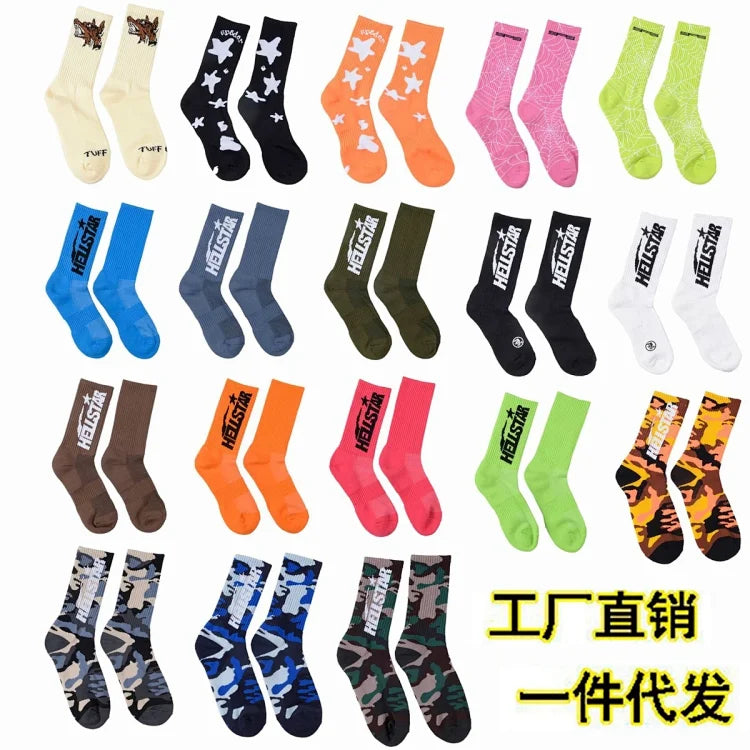 Hellstar brand multi-color printed street style mid-calf socks.