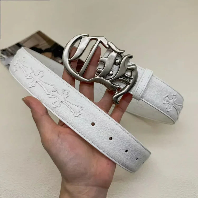 White leather belt with cross pattern and silver metal buckle
