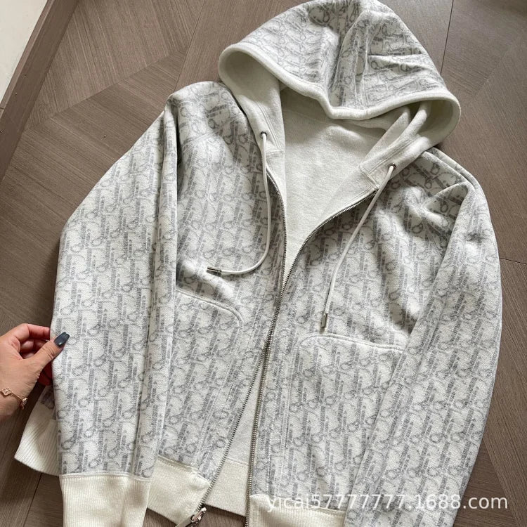 Dior grey Oblique jacquard wool blend reversible hooded cardigan