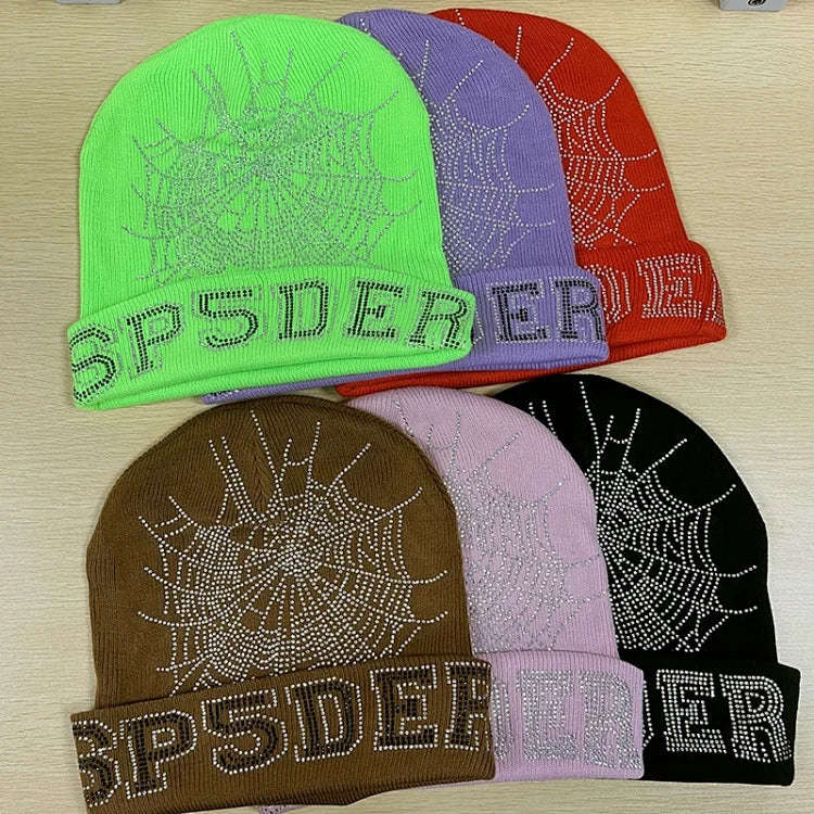 SP5DER rhinestone-embellished web beanies