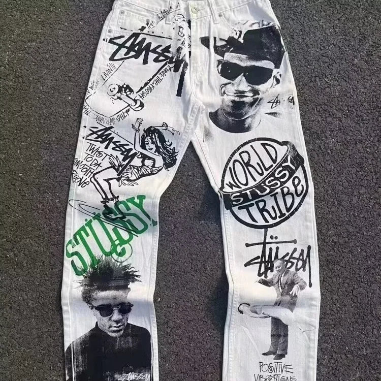 Stussy's white graffiti skateboard jeans.