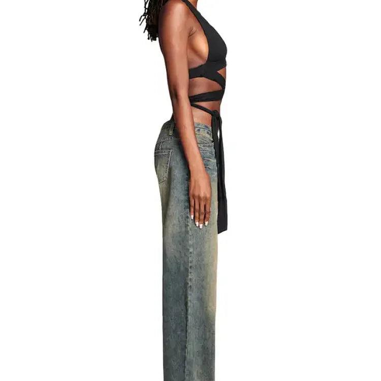 Blue washed denim wide-leg jeans with a whiskering effect