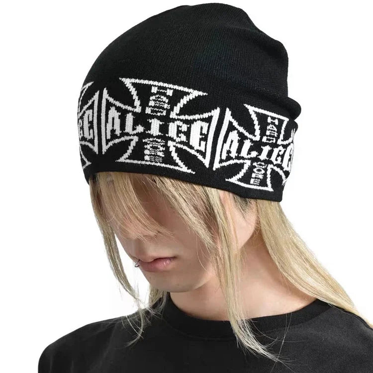 Black Alice Hollywood Triple Cross Moto Beanie Knit Hat