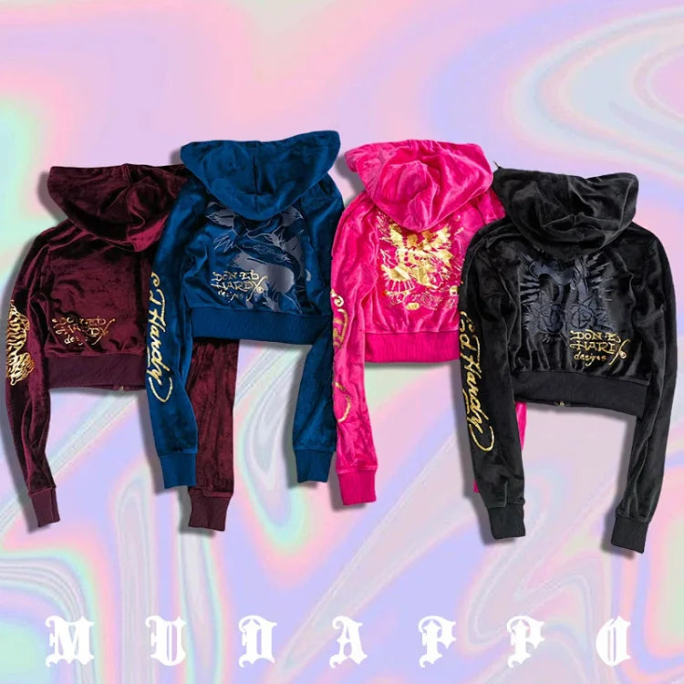 Black Ed Hardy velvet cropped hoodie with gold eagle tattoo design