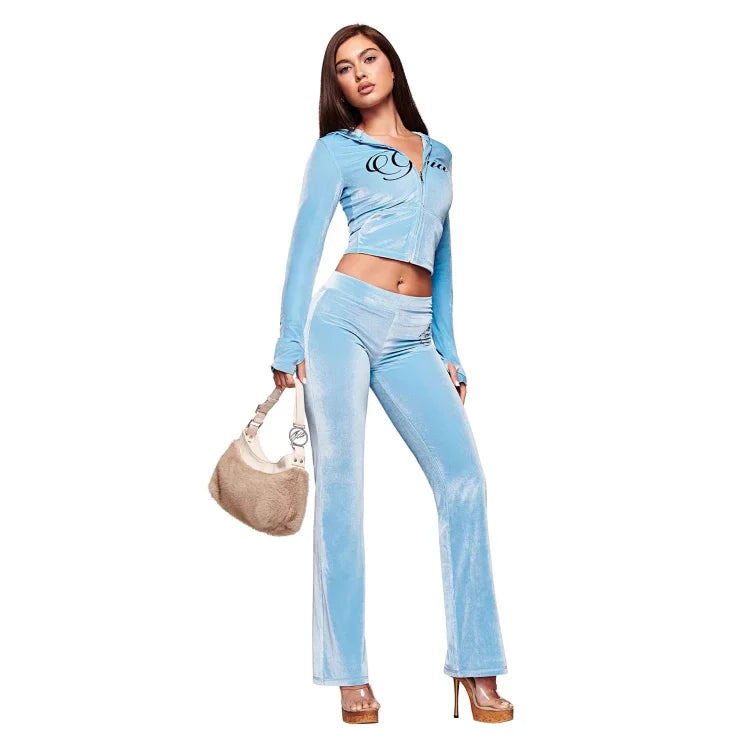 I.AM.GIA Kameron velvet trousers and a matching ice-blue zip-up cropped jacket.