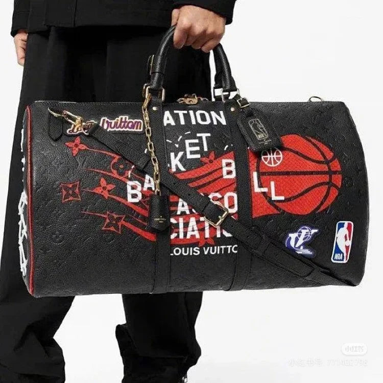 Louis Vuitton x NBA Hero Jacket collaboration black leather Keepall 55 Monogram travel bag.