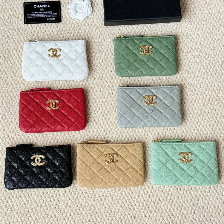 Green Chanel quilted caviar leather card holder