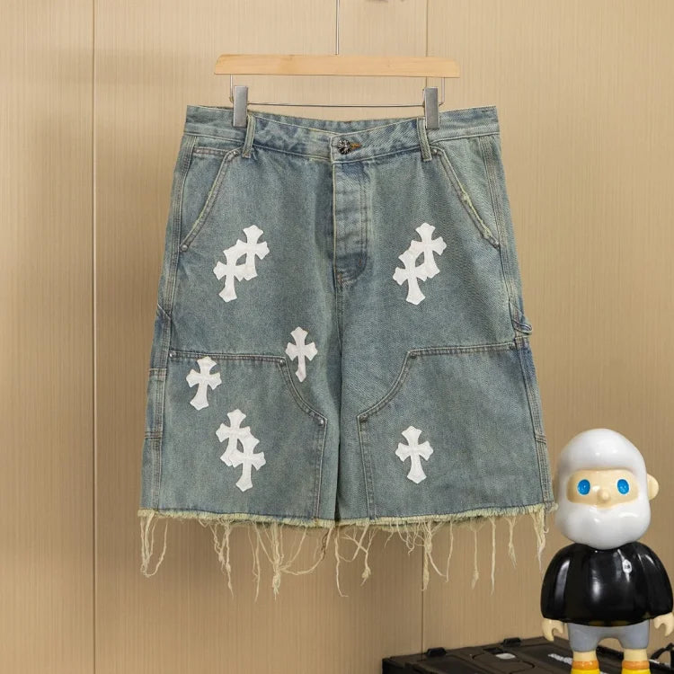 Chrome Hearts brand white cross patch washed blue denim shorts