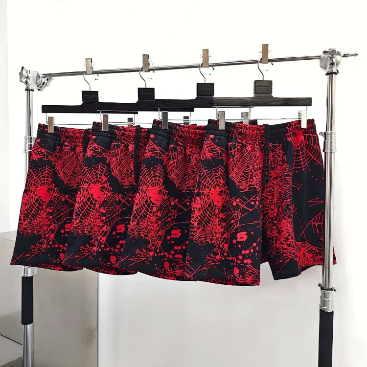 Sp5der AOP Web V2 Black Zipper Sports Shorts