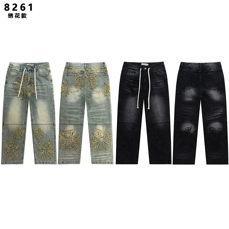 Washed vintage embroidered heavy-duty straight leg jeans