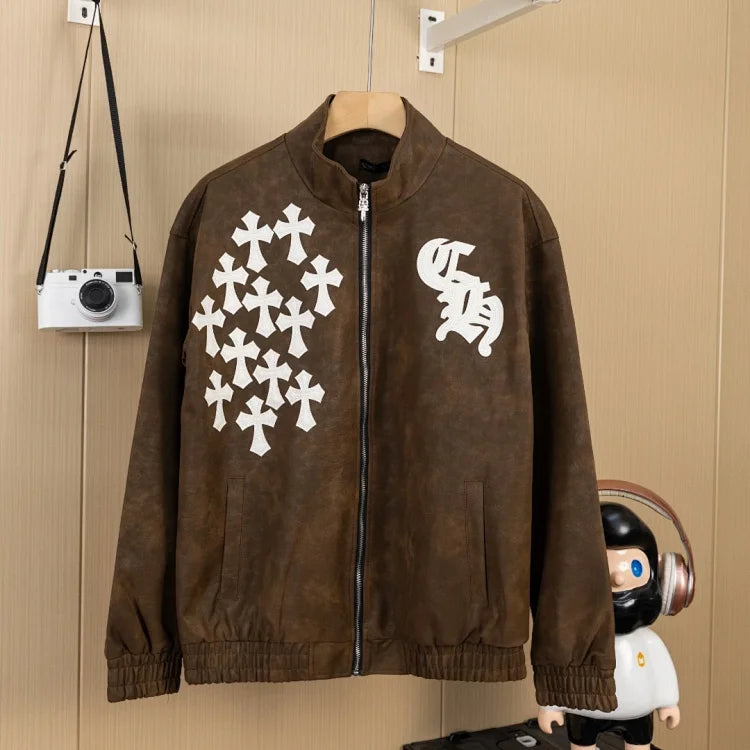 A brown bomber jacket from Chrome Hearts