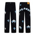Chrome Hearts style black straight-leg jeans with cross patch