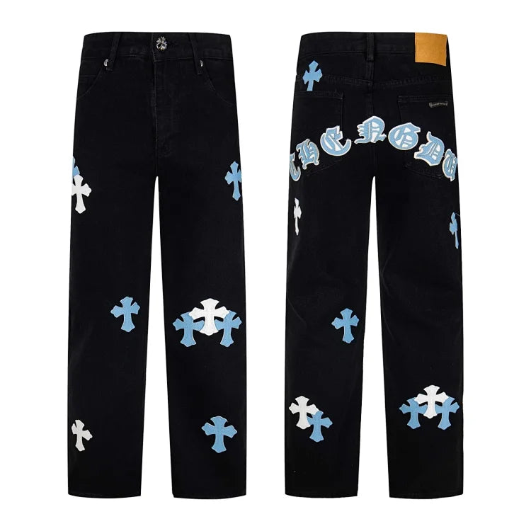 Chrome Hearts style black straight-leg jeans with cross patch