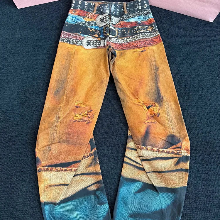 Acne Studios 2006M Rust Orange Unrealistic Belt Print Wide-Leg Jeans