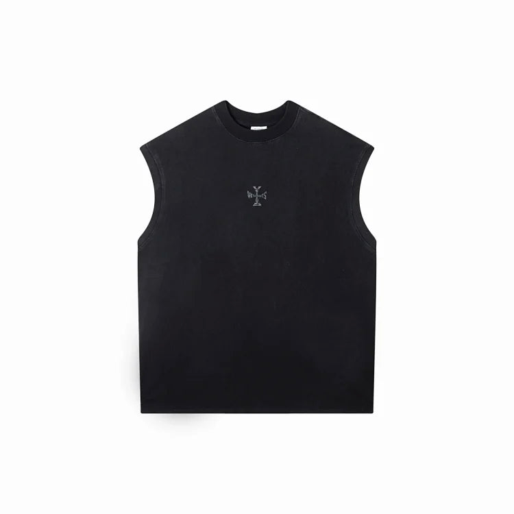 VETEMENTS Men's Black Crew Neck Sleeveless Printed T-Shirt