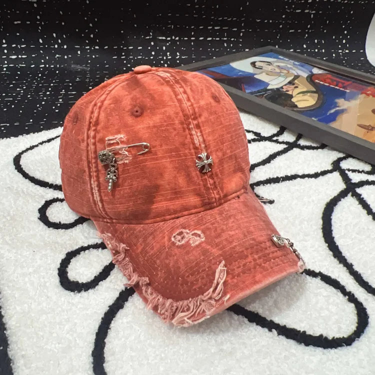 Red retro distressed ripped baseball cap
