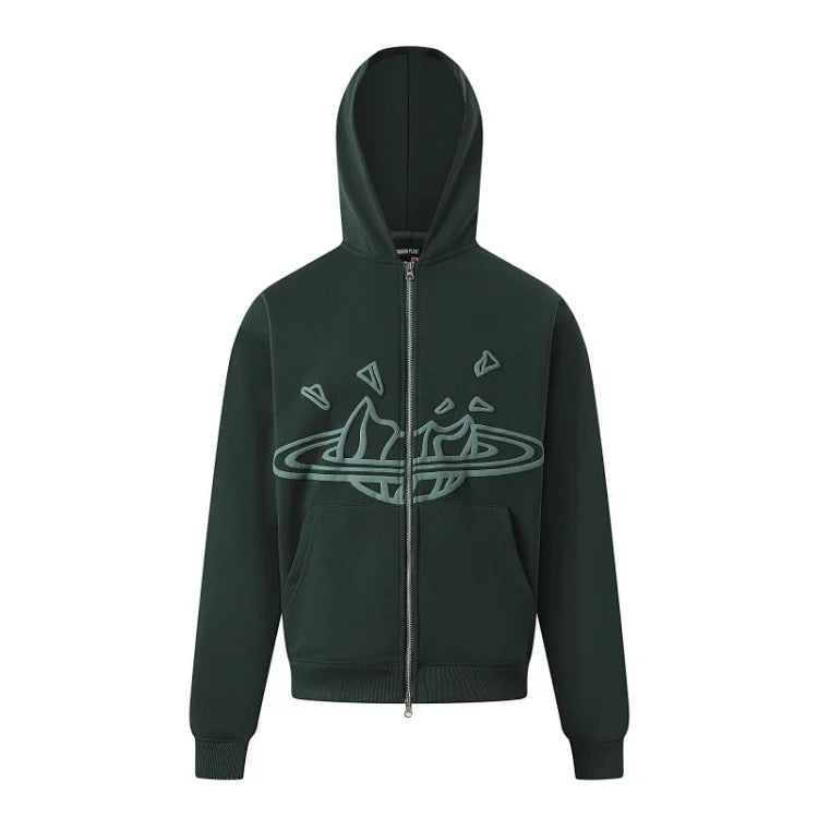 Broken Planet brand green zip-up hoodie
