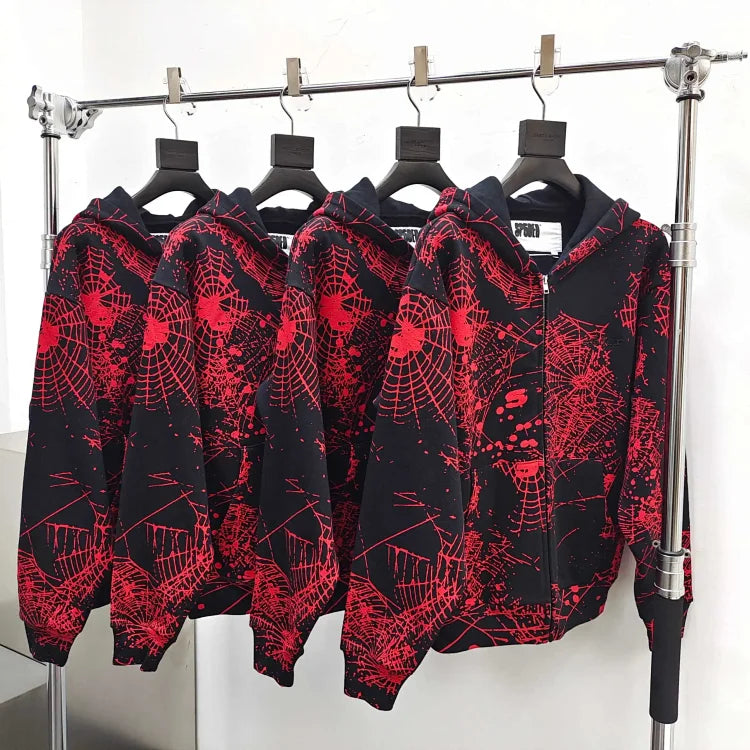 Sp5der brand red spider web print full zip-up sweatshirt