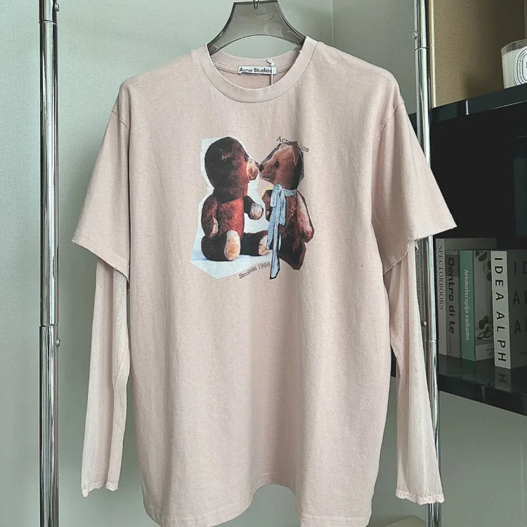 Acne Studios Pink Faux Two-Piece Teddy Bear Print Long-Sleeve T-Shirt