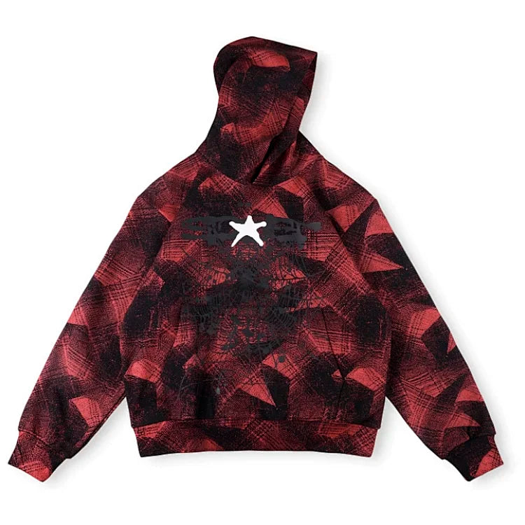 Sp5der Plaid Splatter Hoodie, Red and Black Plaid Pattern