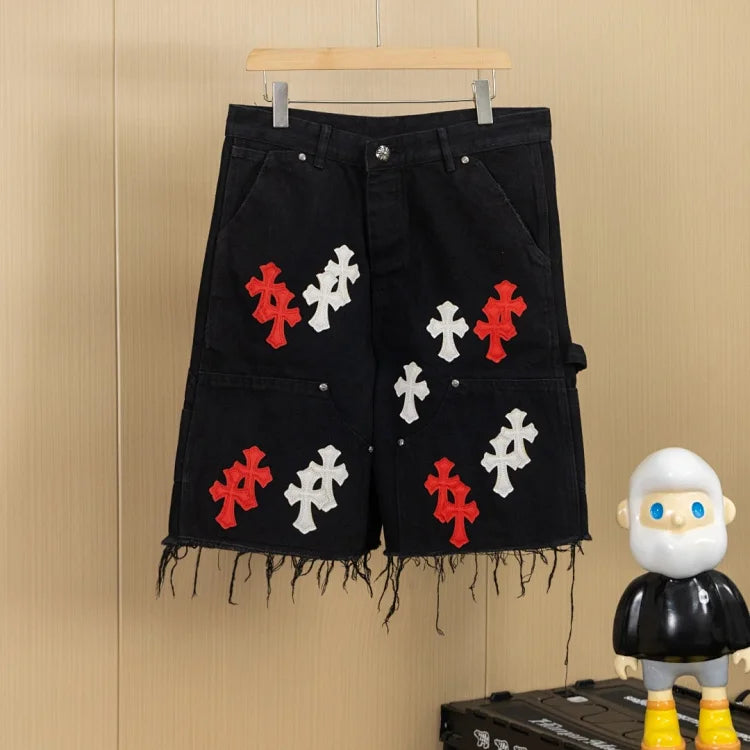 Chrome Hearts brand black denim shorts with cross patch