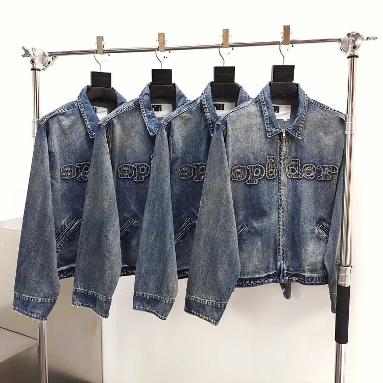 Sp5der light blue washed denim jacket