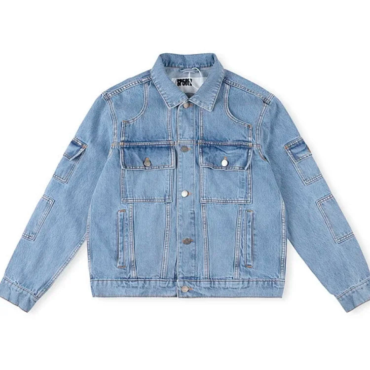 This is a Sp5der Denim V3 Trucker Jacket in a light wash blue color.