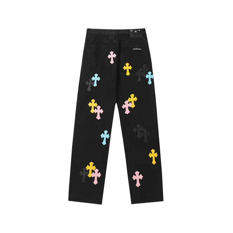 Chrome Hearts brand colorful cross-patterned leather jeans