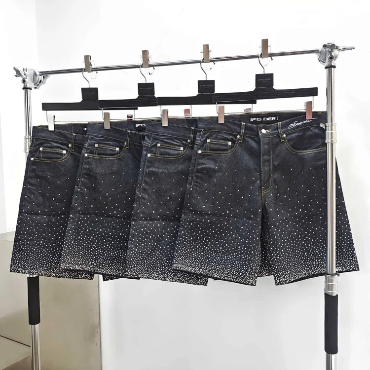 SP5DER Star Dust series black rhinestone-embellished denim shorts