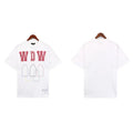 White short-sleeved T-shirt with the words  Who decides the war  printed on it
