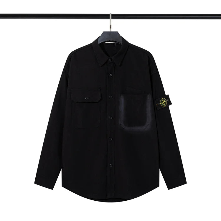 Black Stone Island cotton stretch satin shirt