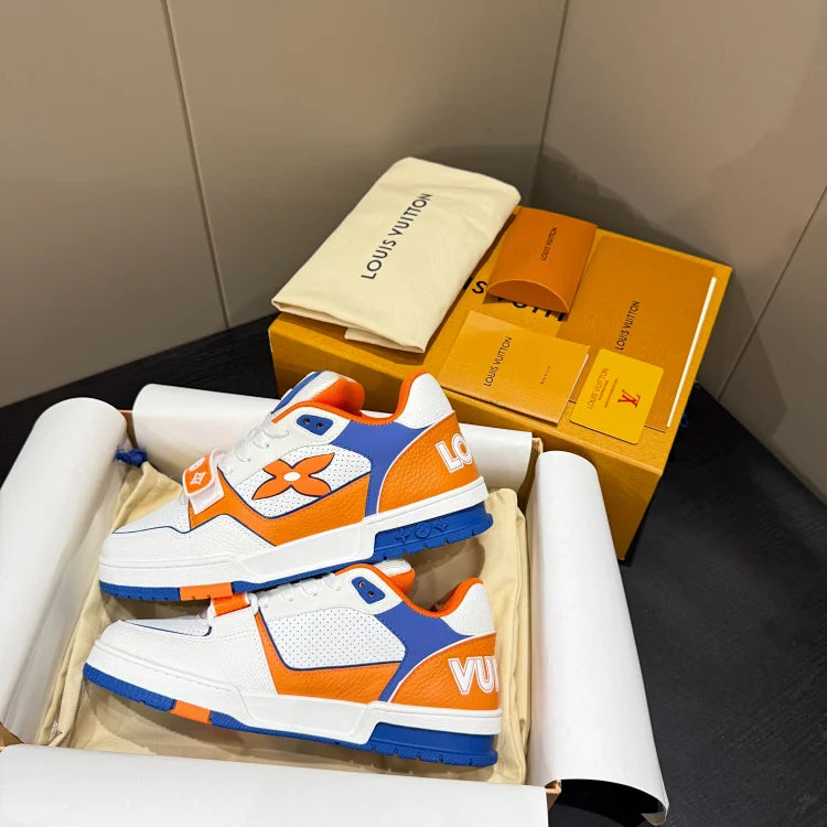 Louis Vuitton white and orange perforated calfskin sneakers