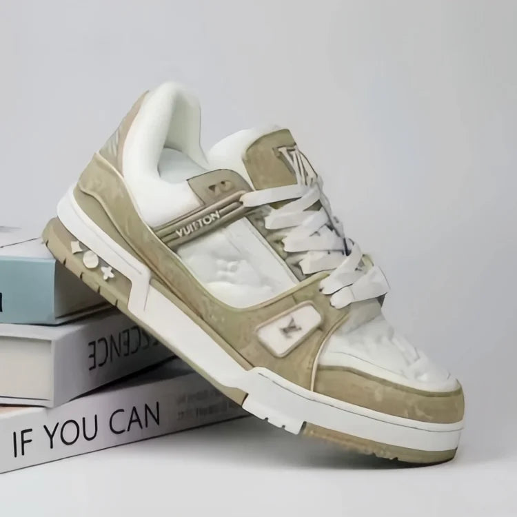 Louis Vuitton beige and white LV Trainer sneakers