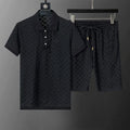 Black graphic short-sleeved polo shirt and shorts set