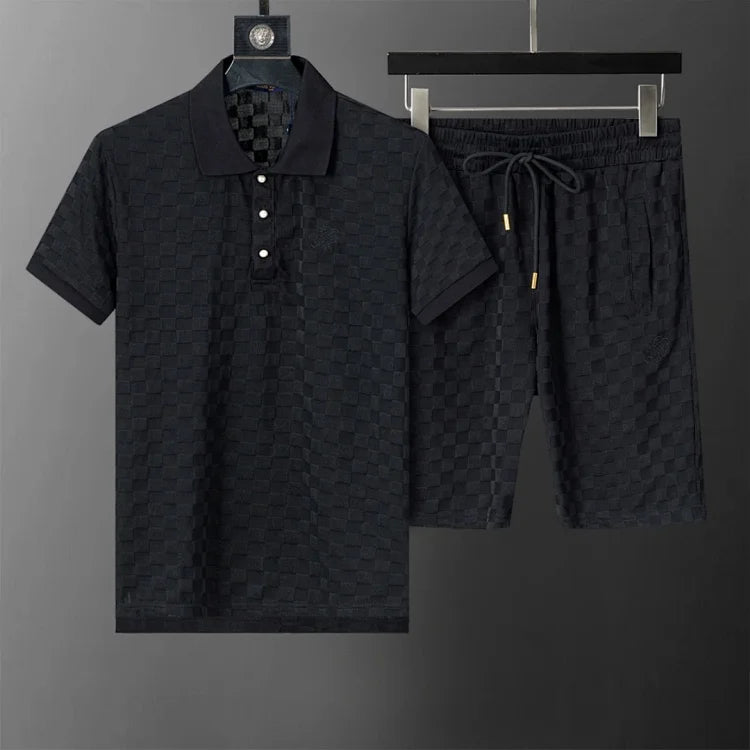 Black graphic short-sleeved polo shirt and shorts set