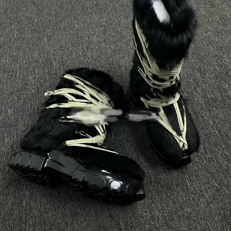 Rick Owens black horsehair Megalace Lunar boots