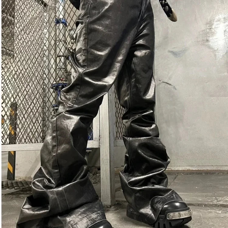 MIJKO brand black coated patent leather flared jeans