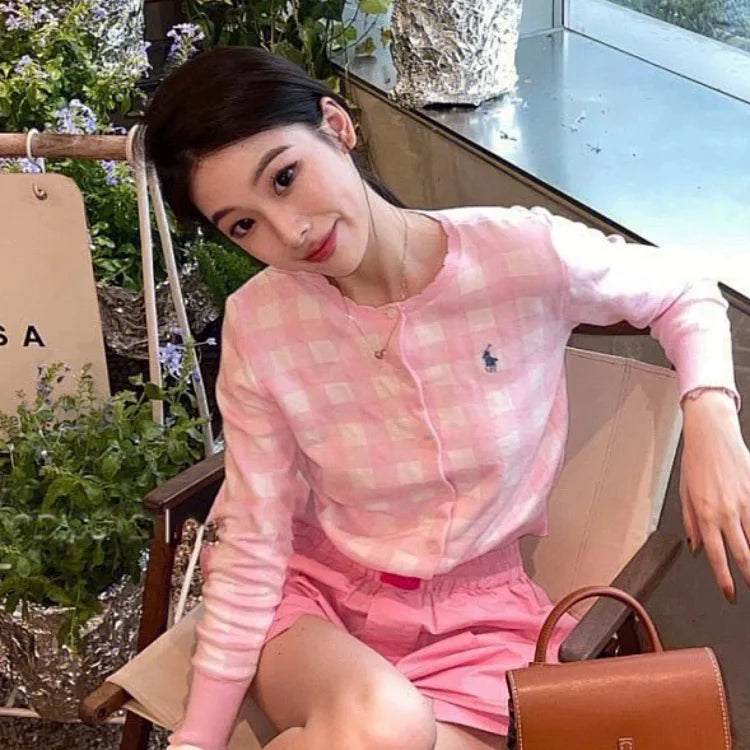 Pink Ralph Lauren plaid cotton cardigan