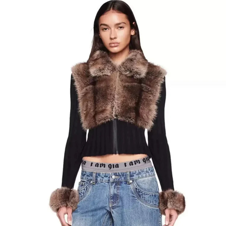 I.AM.GIA Black and Brown Faux Fur Ribbed Knit Perlo Pullover