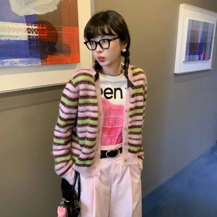 Marni brand pink and green striped mohair blend cardigan
