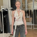 Blumarine brand ivory and burgundy printed backless scarf top