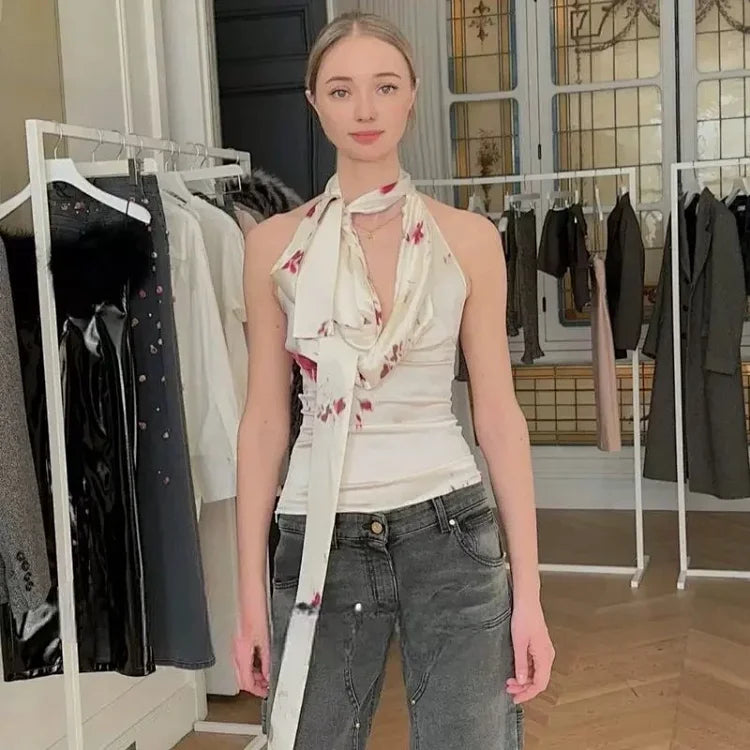Blumarine brand ivory and burgundy printed backless scarf top