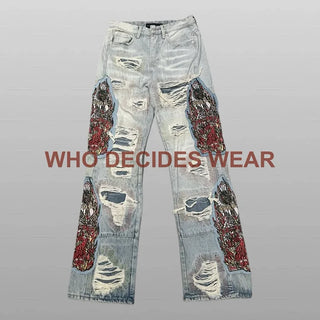 Who Decides War Light Blue Ripped Embroidered Jeans