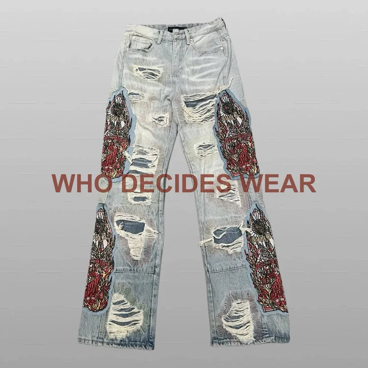 Who Decides War Light Blue Ripped Embroidered Jeans