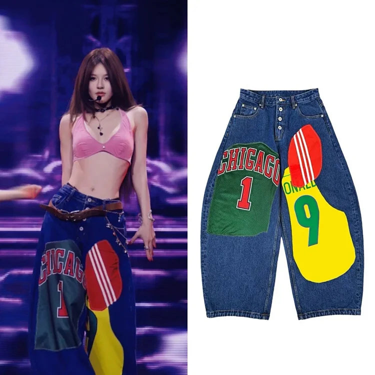OURSELVESREMAKE's  90s Remedy  style patchwork knit appliqu¨¦ wide-leg jeans